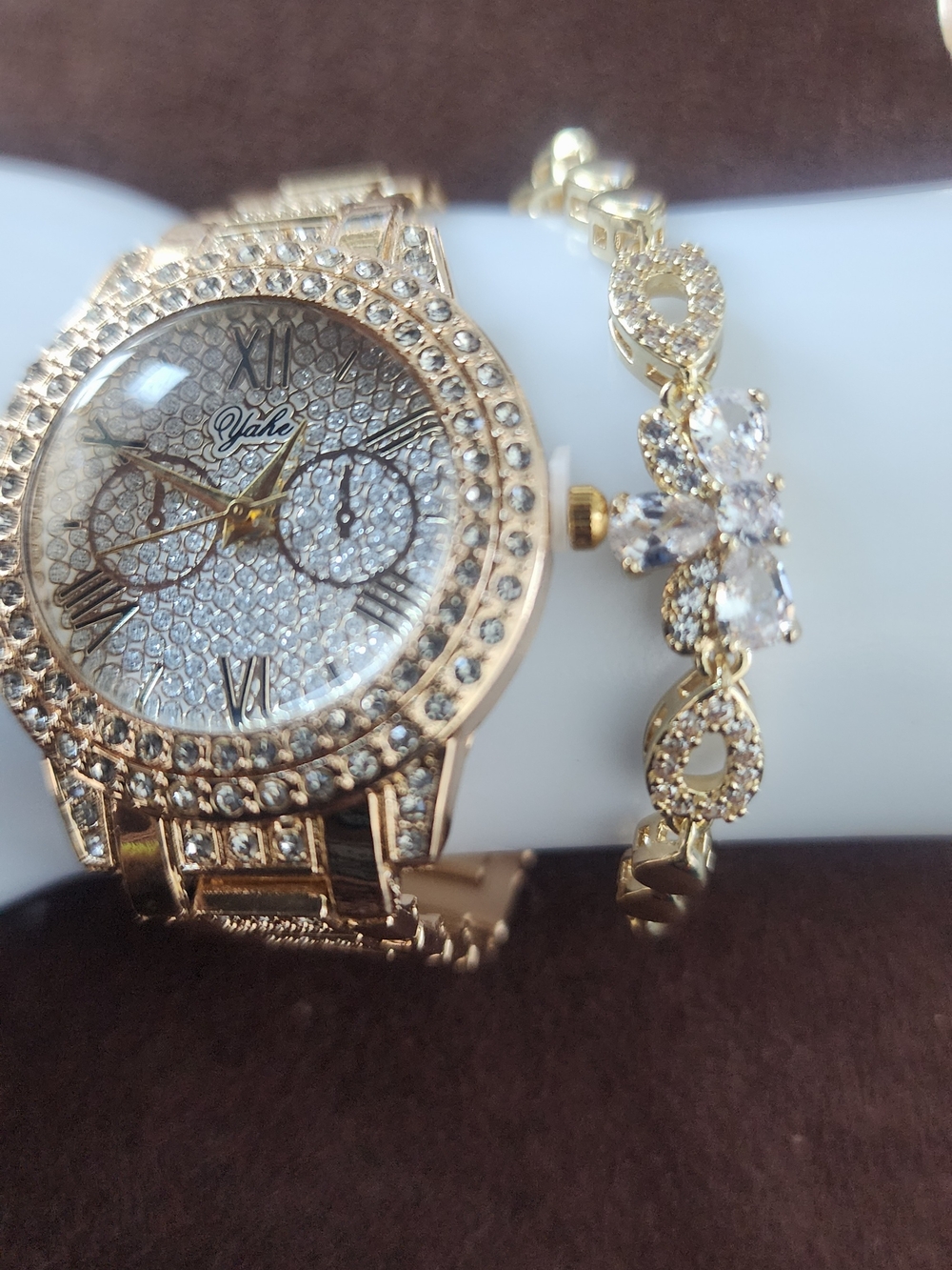 Gold-Tone Crystal Women’s Watch with Matching Bracelet